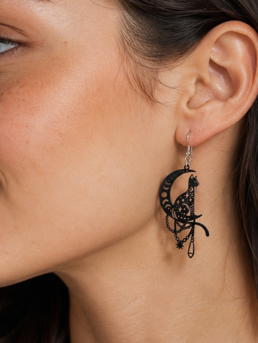 Black Cat and Moon Laser Cut Dangle Earrings